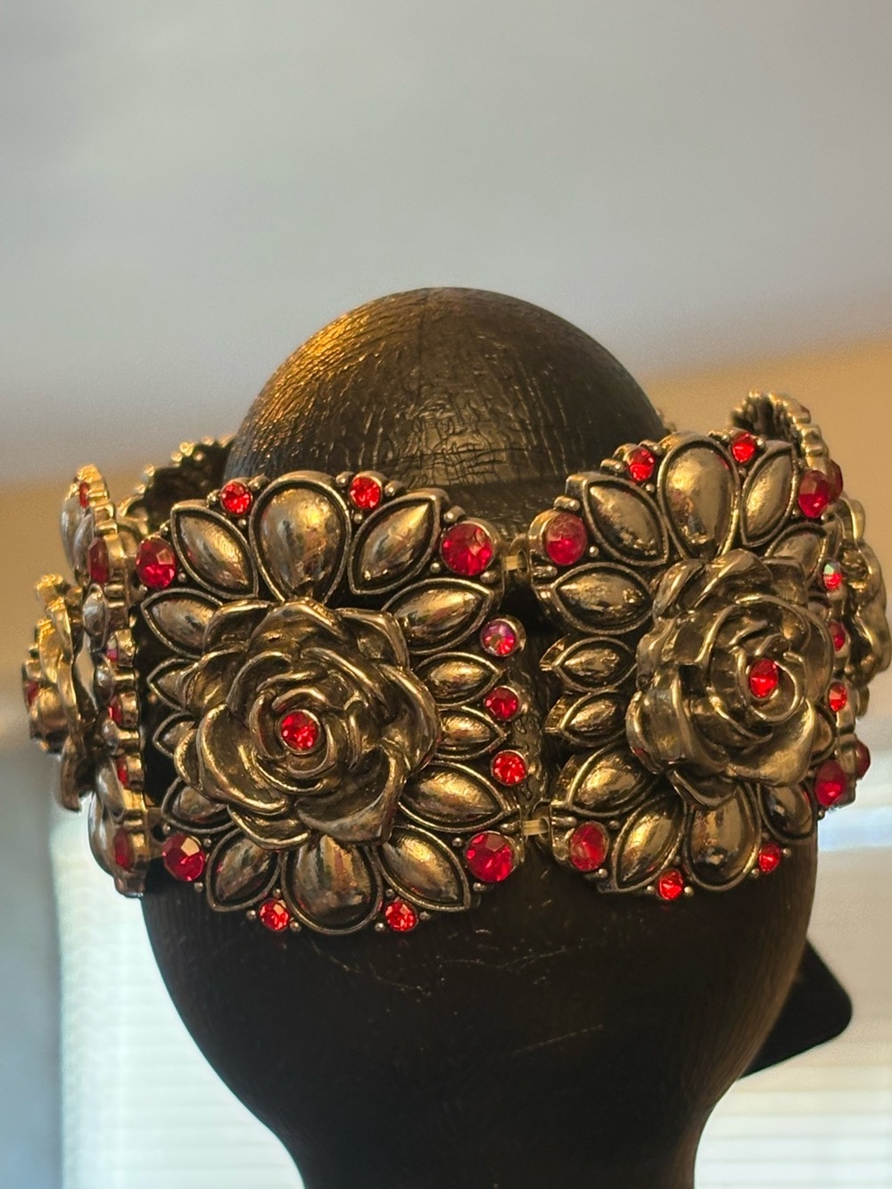 Antique Silver-Tone Floral Statement Bracelet with Red Crystals